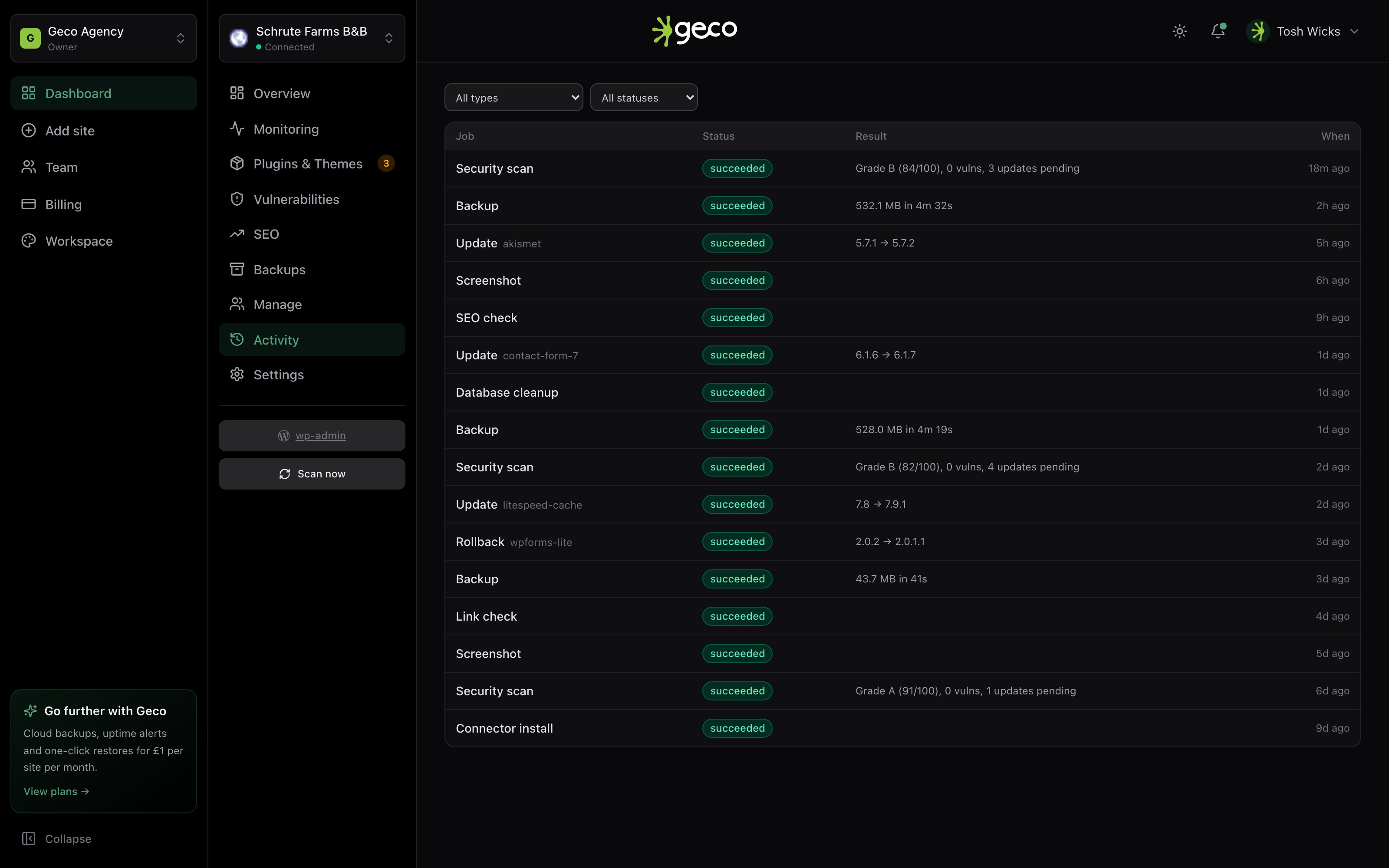 A site's activity feed with filters for job type and status
